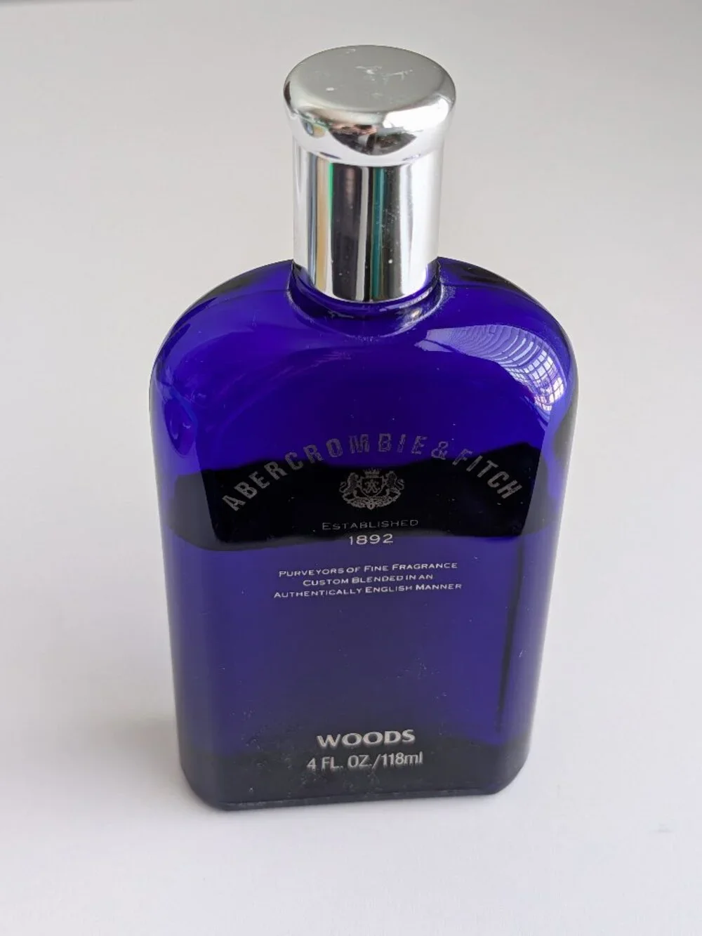 Vintage Abercrombie & Fitch Woods Aftershave 4 oz Blue Glass bottle USA 70% Full